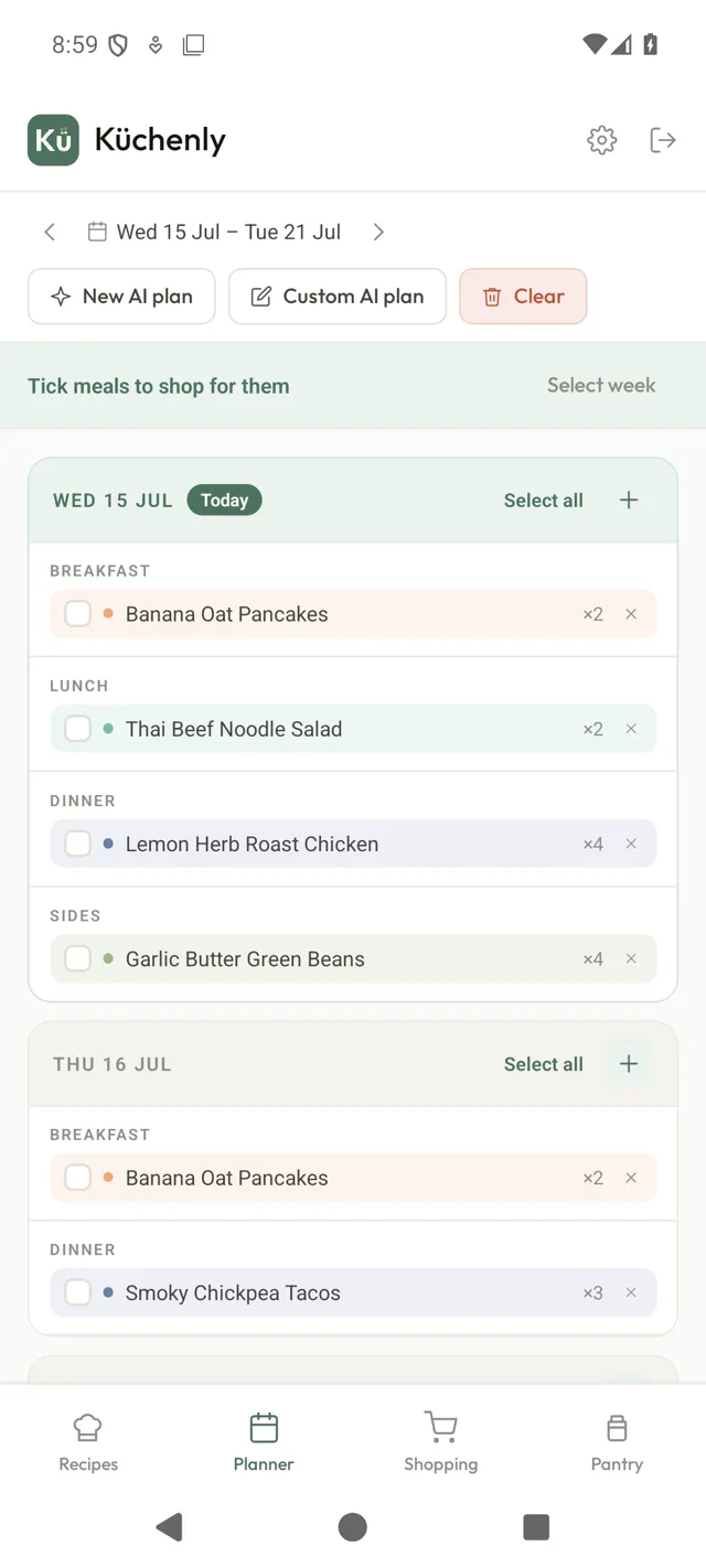Kuchenly weekly meal planner - a 7-day plan with breakfast, lunch, dinner and sides, an AI plan button, and meals ticked for shopping