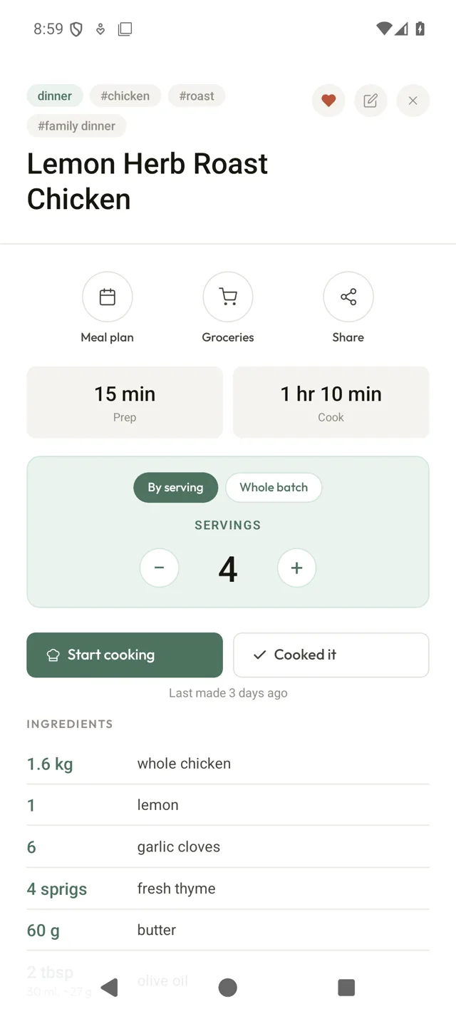 Kuchenly recipe page for lemon herb roast chicken - prep and cook times, a servings scaler, start-cooking mode, and a scaled ingredient list