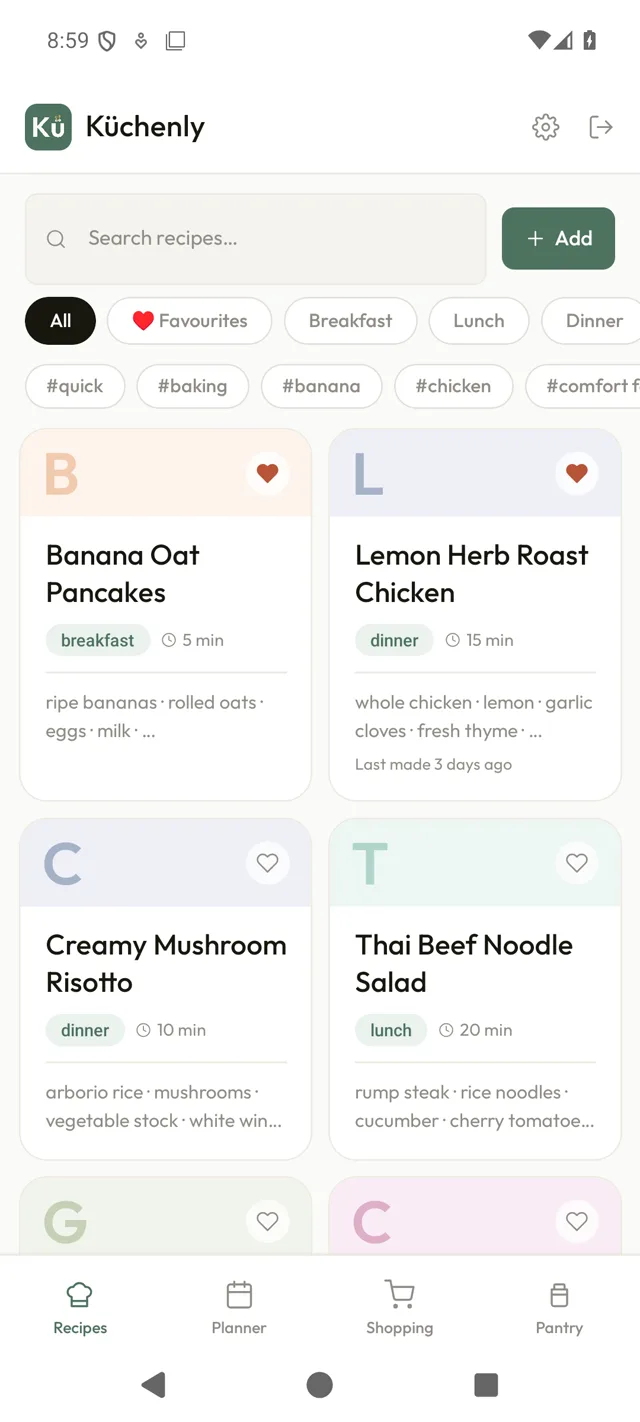 Kuchenly app recipe library - searchable saved recipes with category filters, tags, and favourites